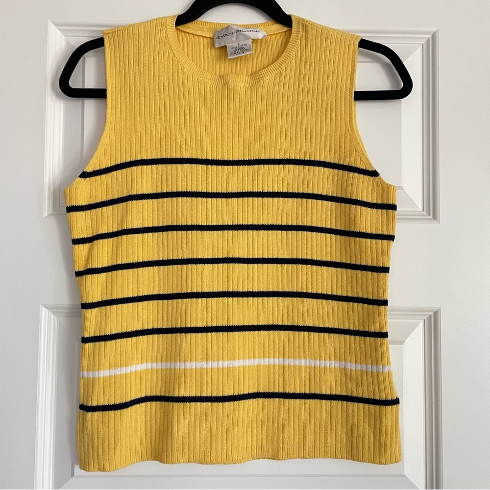 Evan Picone Vintage Cotton Striped Yellow Nautical Sleeveless Top Size Large